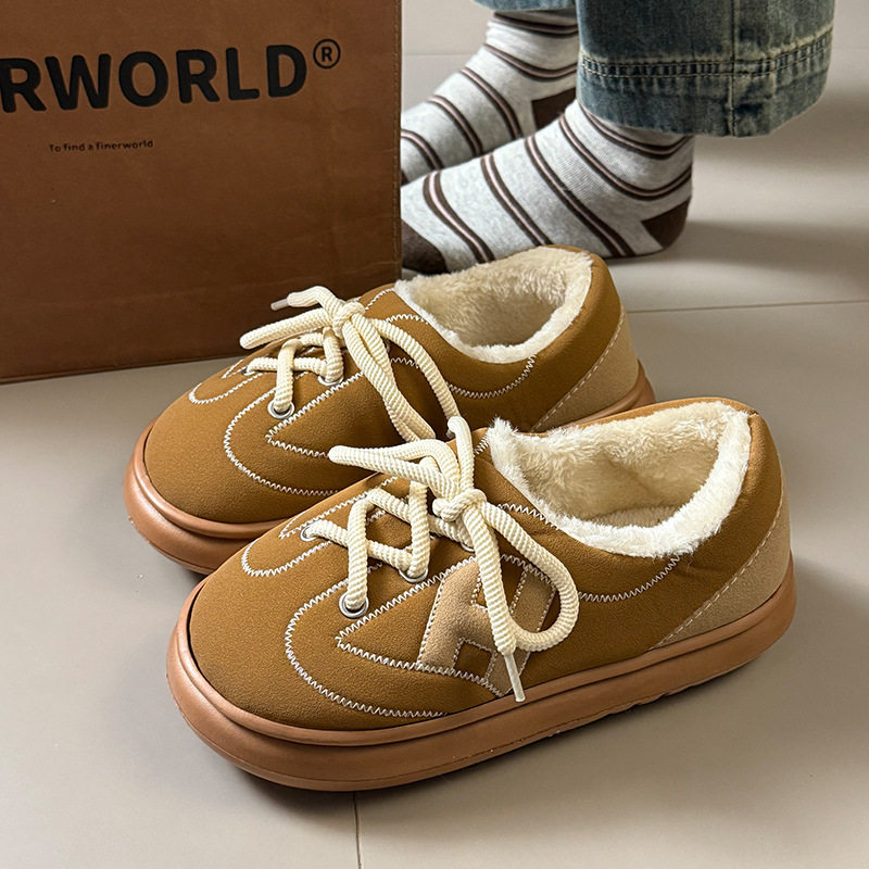 冬季棉拖鞋女款2025新款加绒保暖防滑居家用外穿系带包跟棉鞋秋天