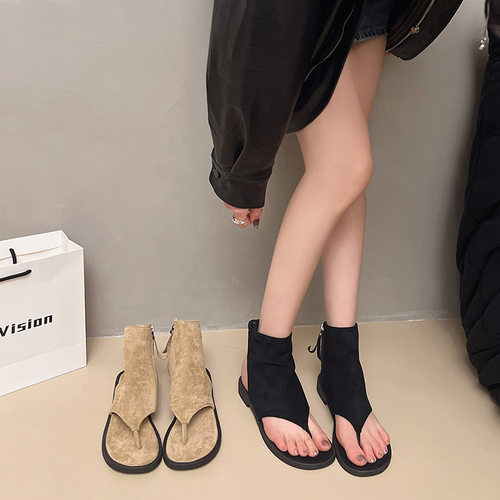百搭显瘦春秋显瘦韩版夹趾圆头凉鞋女百搭低跟短筒凉靴时髦单鞋女