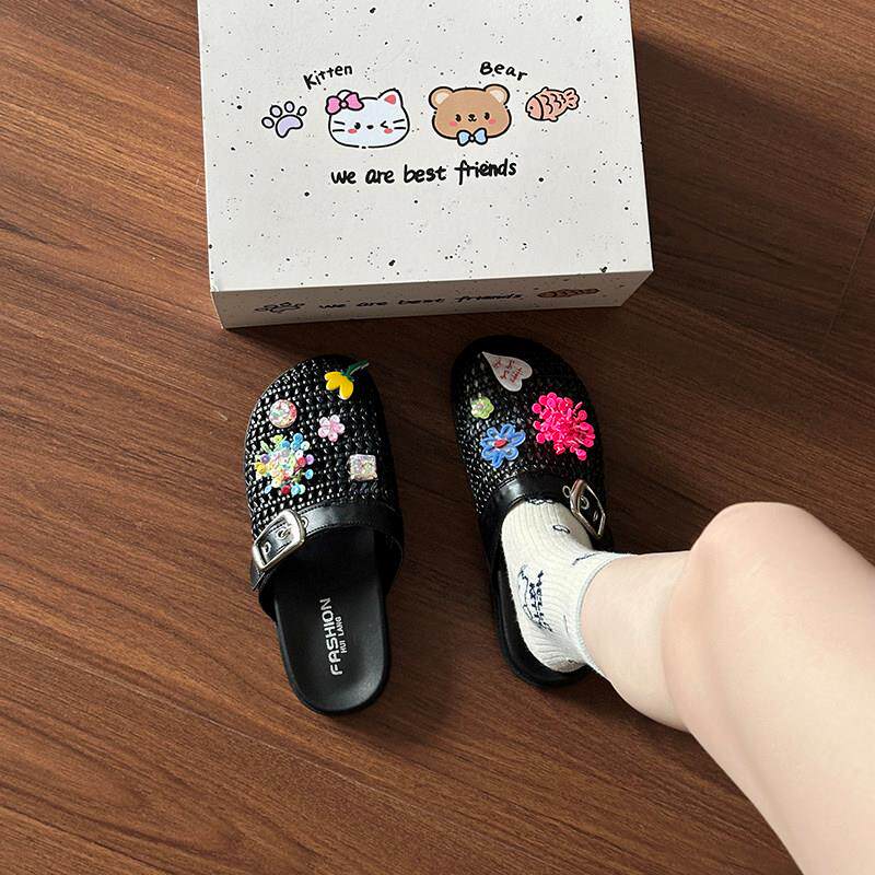 可爱风编织多巴胺亮片花朵包头拖女2026夏季新厚底防滑少女心拖鞋
