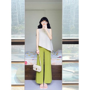 清凉无袖 3宅褶皱套装 2025新款 女夏季 T恤上衣两件套 果绿色阔腿裤