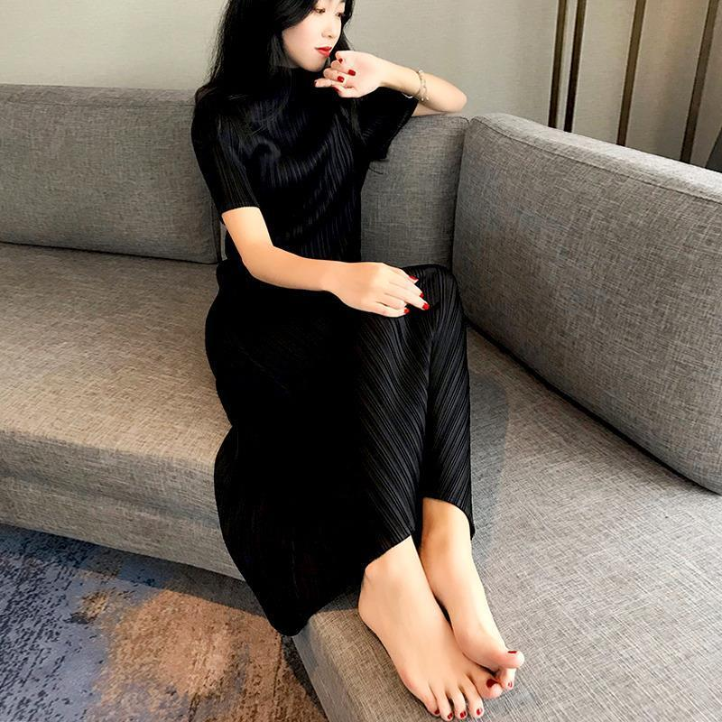 2025新款宅褶皱连衣裙短袖立领长裙藏蓝色pp系列显高显瘦女三 013