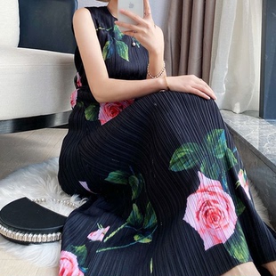 三宅褶皺玫瑰花印花連衣裙女中長款 2025新款 系帶背心裙子 088 夏季