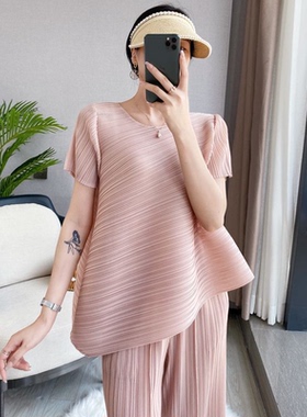 宅褶皱不规则斜角上衣女夏短袖2025新款大码中长款t恤宽三 116-1