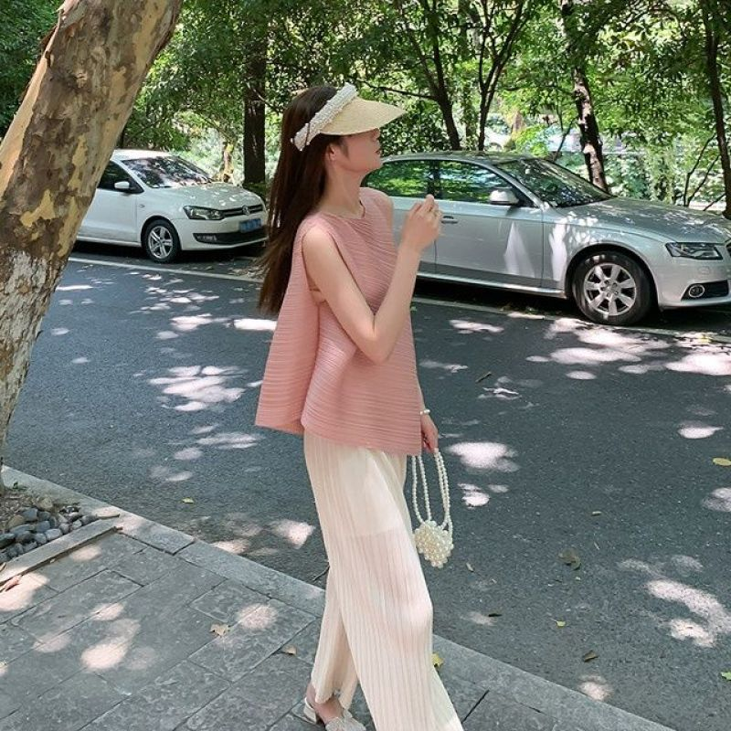 2025梦不规则设计感宅褶皱T恤女夏无袖背心上衣+垂感阔腿 066