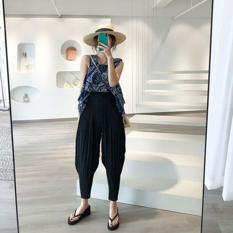 夏季薄款百褶休闲裤女七分2025新款直筒哈伦裤高腰雪纺萝卜西 016