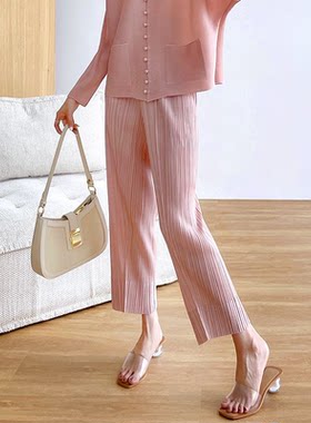 宅褶皱裤女小脚高腰均码小红书2025春夏松紧腰显瘦小直筒休闲裤三