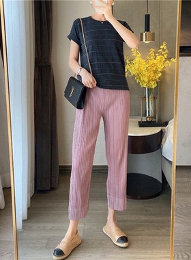 清 日本神裤三ZHAI褶皱巨显瘦显腿直九分小脚裤休闲裤女夏 018