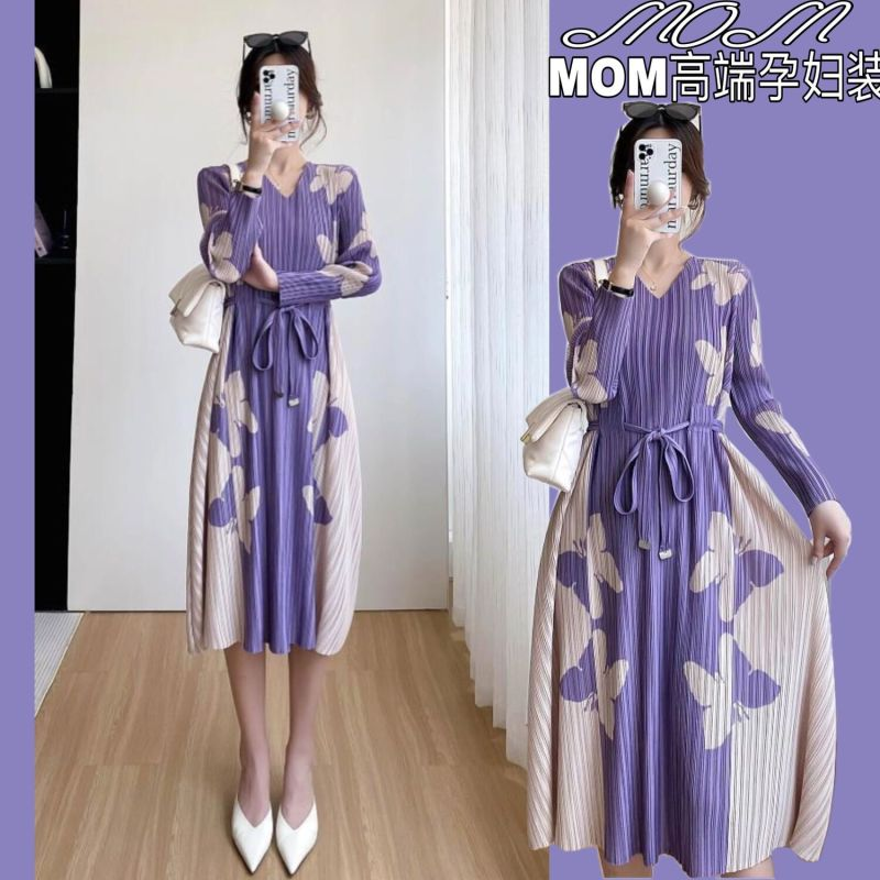 三宅褶皱长袖洋装孕妇装春夏季高端微胖穿搭印花宽松显瘦拍照 805