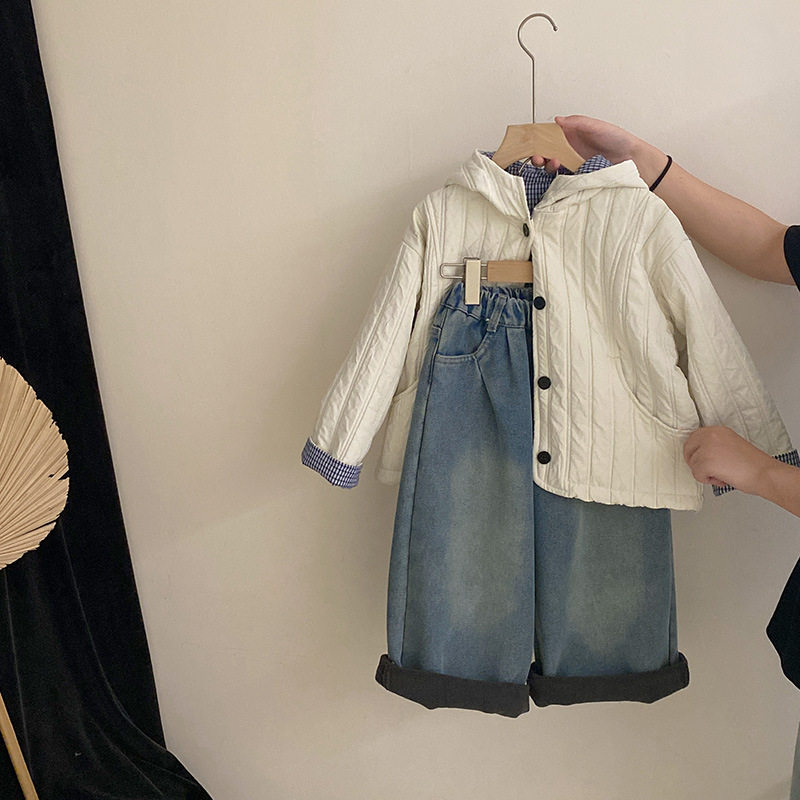 韩版女童冬季新款格子棉服连帽外套2025百搭休闲加绒牛仔裤两件套