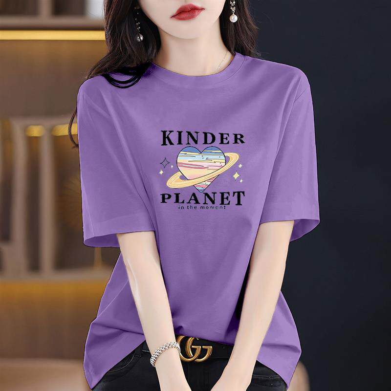 2026新款100%纯棉短袖t恤女夏季宽松遮肚大码印花体恤简约上衣潮