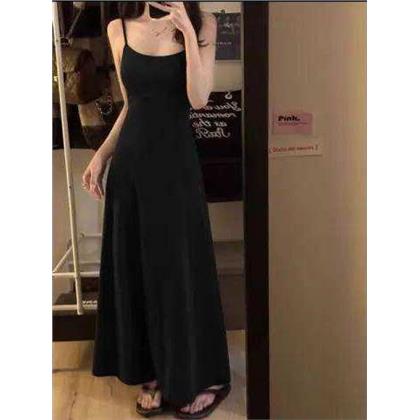 辣妹纯色高腰吊带洋装女