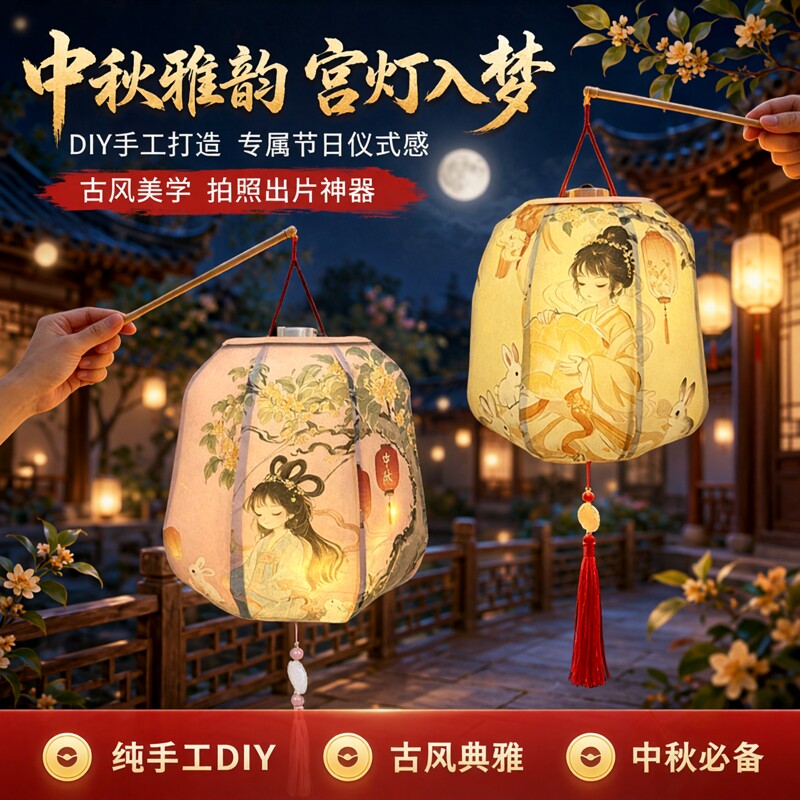 中秋节灯笼手工diy古风嫦娥宫灯手提花灯拍照道具新款2026小礼物