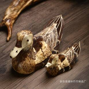 竹编鸭子居家饰品 摆件猫头鹰装饰茶宠民间工艺鸳鸯笋壳笋皮编制
