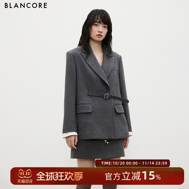 BLANCORE腰带装饰假两件西装外套
