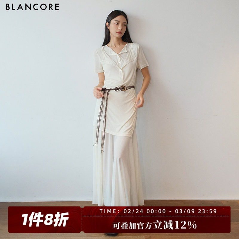 【设计师品牌BLANCORE】25夏新款假两件拼纱波嬉风连衣裙含腰带