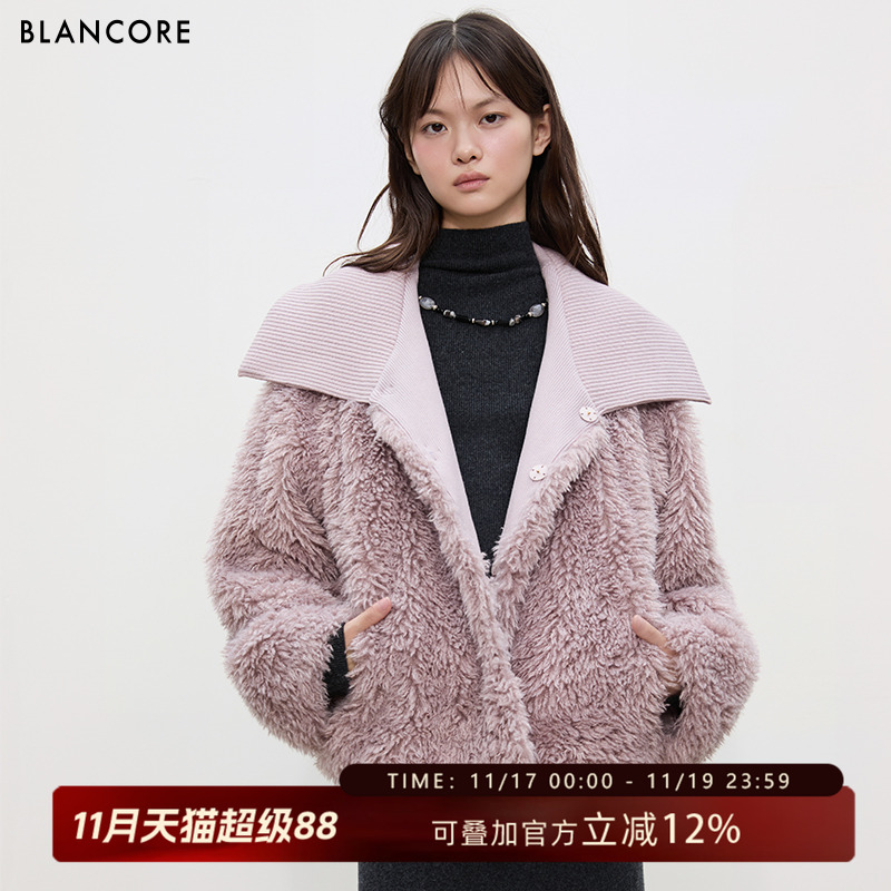BLANCORE螺纹翻领慵懒皮草外套