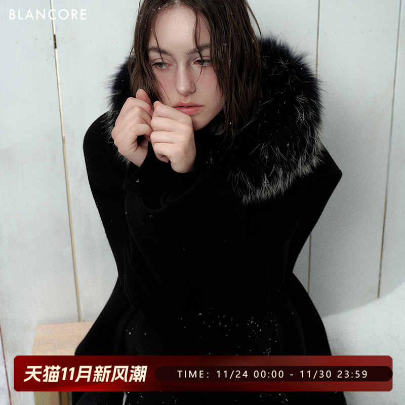 BLANCORE貉子毛长款羊毛大衣外套