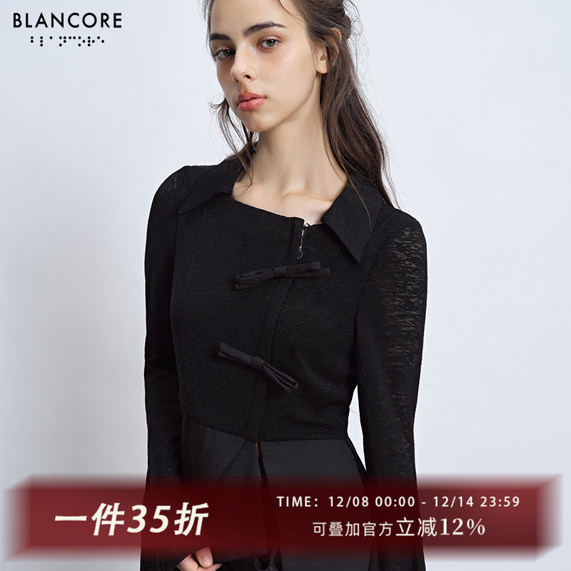 特殊纹理针织，复古方领，微喇袖口，不规则