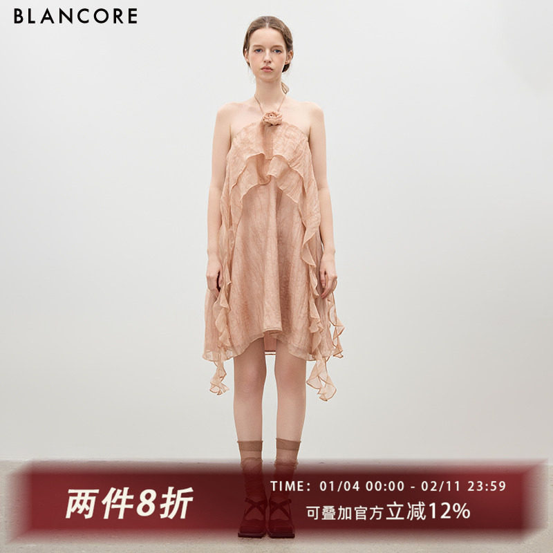 【设计师品牌BLANCORE】2025夏新款粉色荷叶边多巴胺海边连衣裙,女装/女士精品,连衣裙,淘宝优惠券,粉丝福利购,淘宝优惠卷