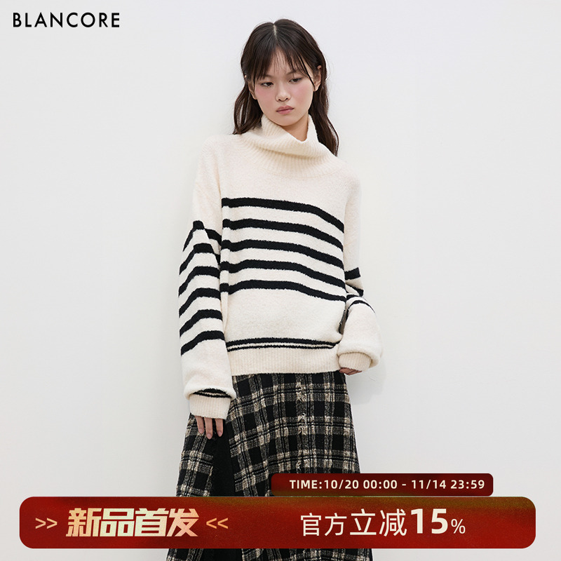 BLANCORE牦牛绒羊毛条纹套头毛衣