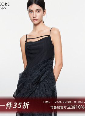 【设计师品牌BLANCORE】新款设计感拼纱褶裥茧形连衣裙女