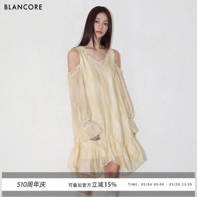 【设计师品牌BLANCORE】2026春夏新品蕾丝拼接露肩短连衣裙
