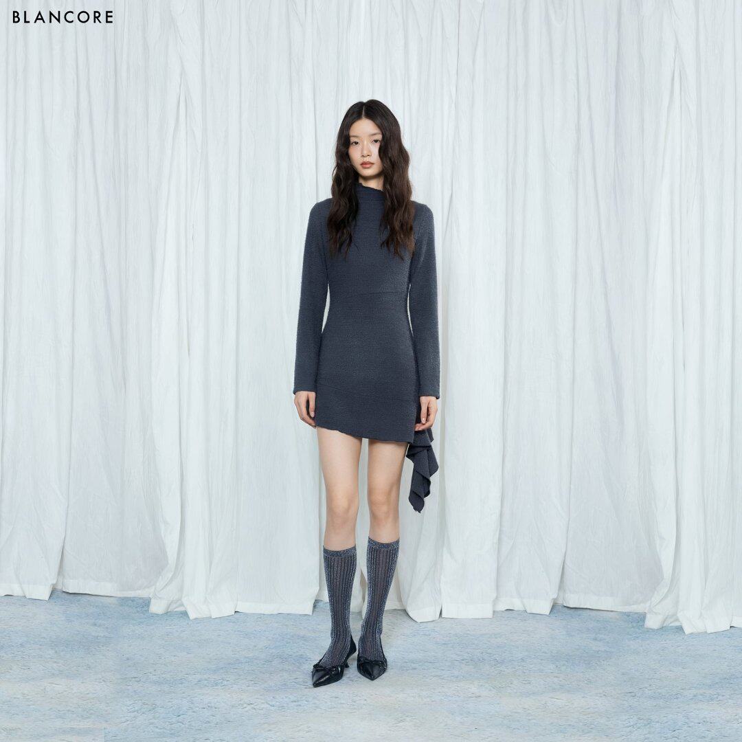 【设计师品牌BLANCORE】2026秋新品软糯灰色不规则长袖连衣裙