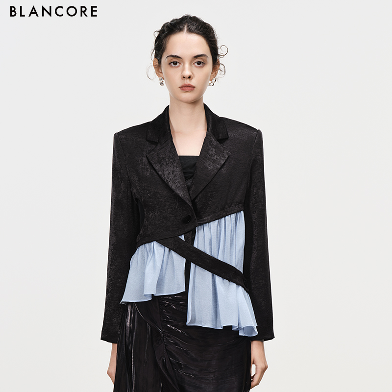 BLANCORE撞色拼纱西装短外套