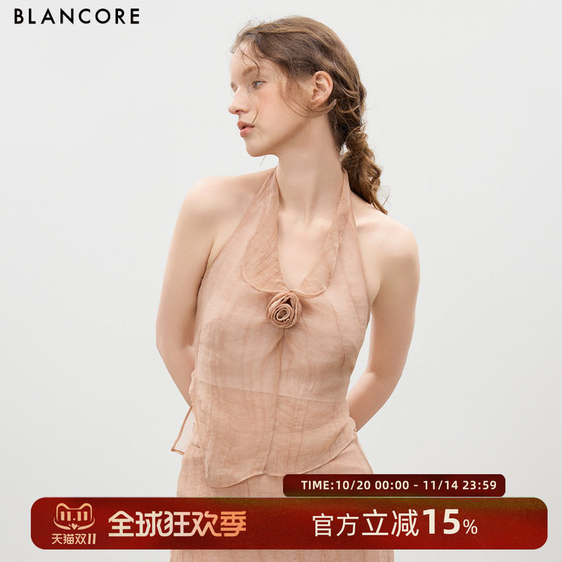【设计师品牌BLANCORE】2025夏季薄款粉色绑带蝴蝶结露背挂脖上衣