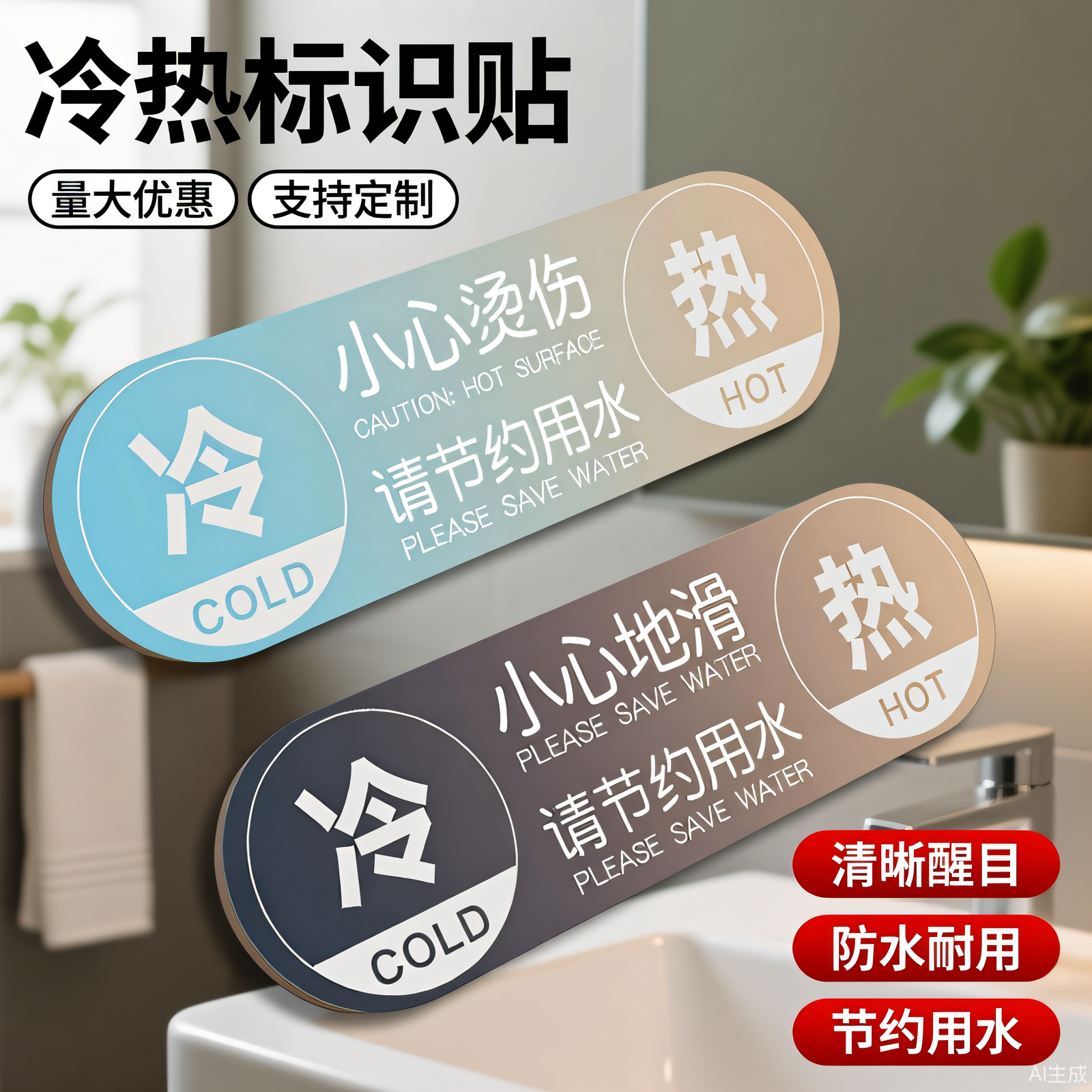 热水器冷热水提醒牌冷水标签贴亚克力开关标识贴纸小心烫伤提示牌