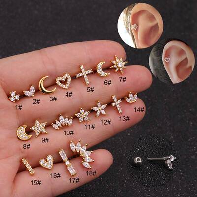 Labret Piercing Ear Ring Steel Stud Crystal Gem Flat Back