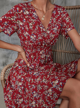 欧美风夏季时尚V领碎花红