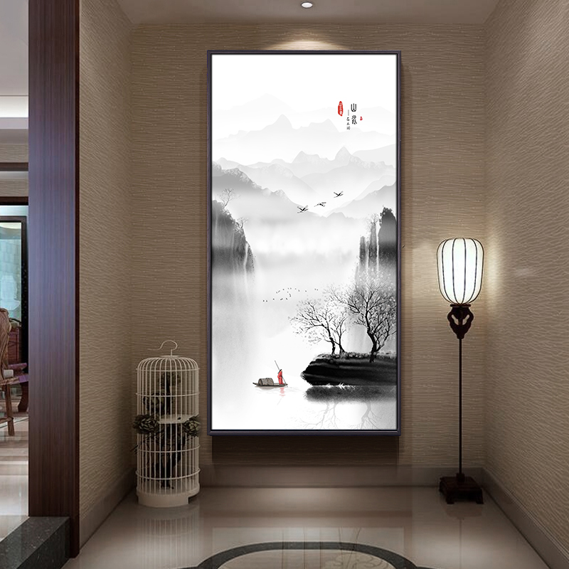 新中式山水风景竖版进门入户玄关装饰挂画轻奢高端晶瓷壁画落地画图片
