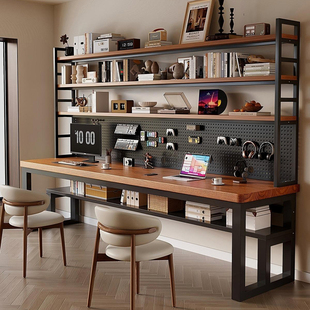 台式实木电脑桌书桌书架一体学习桌家用办公工作台双人学生写字桌