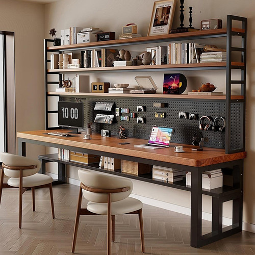 台式实木电脑桌书桌书架一体学习桌家用办公工作台双人学生写字桌