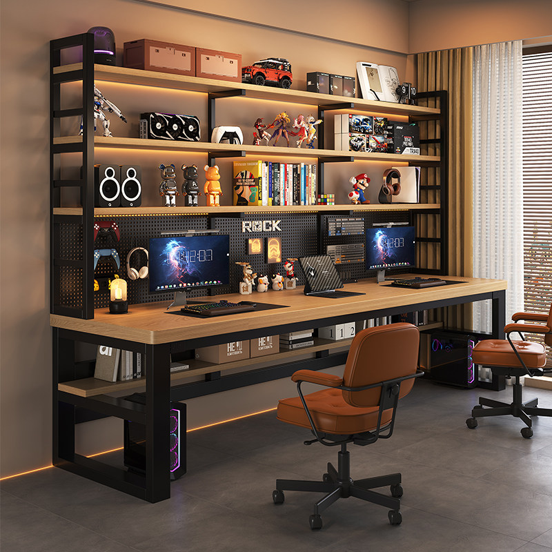 实木洞洞板电脑桌双人写字桌现代台式家用卧室书桌书架一体电脑桌