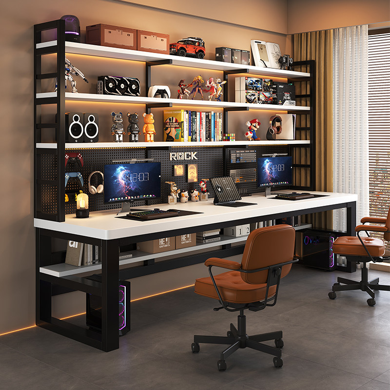 实木双人电脑桌家用卧室学生用书架洞洞板一体学习桌台式电脑桌