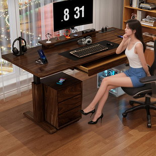 南美胡桃木升降款电脑桌家用卧室办公书桌台式智能电动实木电竞桌