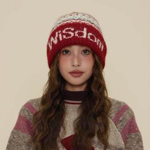 费尔岛复古提花字母针织帽女秋冬季 加厚保暖毛线帽大头围护耳冷帽