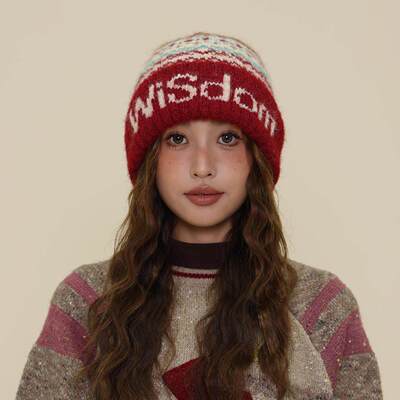 费尔岛复古提花字母针织帽女护耳