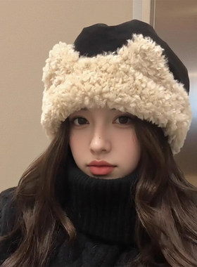 毛绒绒猫耳朵可爱渔夫帽女秋冬季加厚保暖防寒护耳帽显脸小包头帽