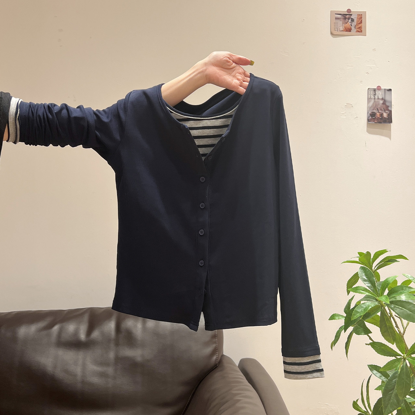藏蓝色假两件条纹拼接长袖开衫女