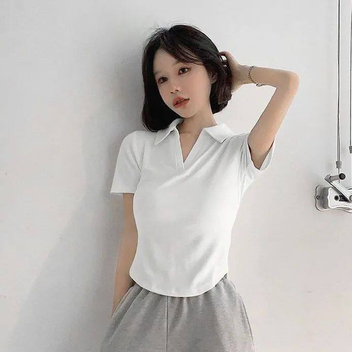 辣妹纯欲白色V领短袖t恤夏纯色百搭短款修身ins超火polo领上衣女