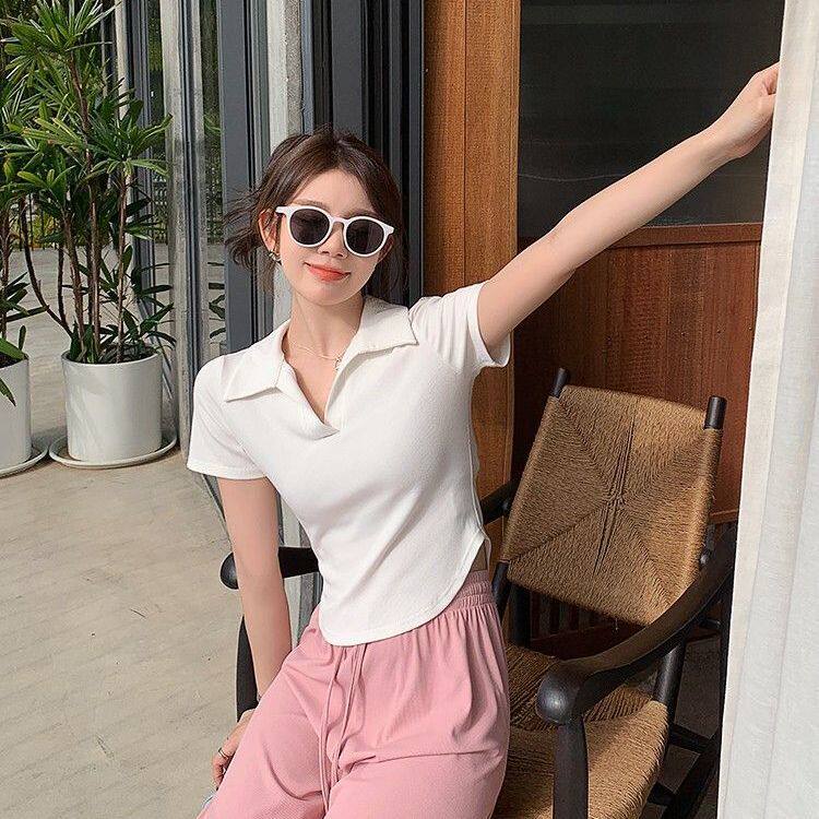 POLO衫女装夏季2024新款弧形下摆正肩修身上衣小众别致短袖t恤ins