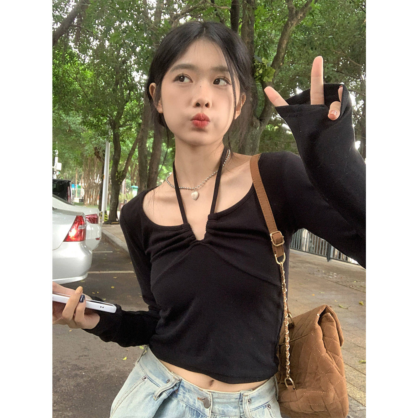 纯欲v领绑带挂脖长袖上衣女
