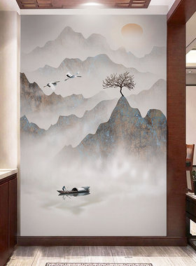 墙纸中式3d立体水墨山水玄关背景墙壁纸复式别墅壁布客厅墙布壁画