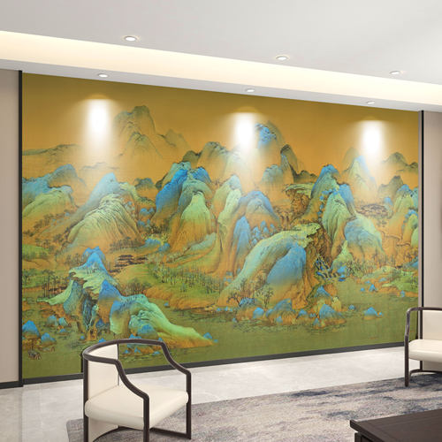 新中式山水风千里江山图定制壁画