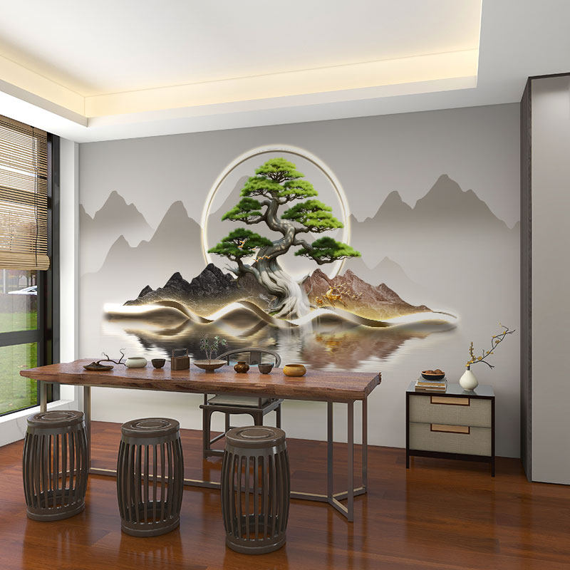 墙纸定制3d立体中式迎客松电视背景墙壁纸客厅墙布影视墙壁布壁画