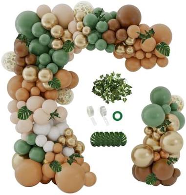 iLaFm 142PCS Sage Green Brown Balloon Garland Kit Jungle Saf