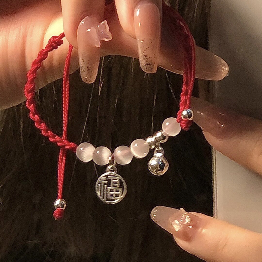 福牌铃铛猫眼石手链手绳女简约小众设计做旧中国风送女友闺蜜